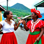 **Image Prompt 1: Cultural Exchange through Language**
   - Visualize a vibrant street scene in Dominica where locals are engaging in conversation in both English and Creole. Include elements of traditional clothing and local festivals in the background, showcasing the cultural richness and the joy of communication. The expressions on people's faces should reflect pride in their linguistic heritage.