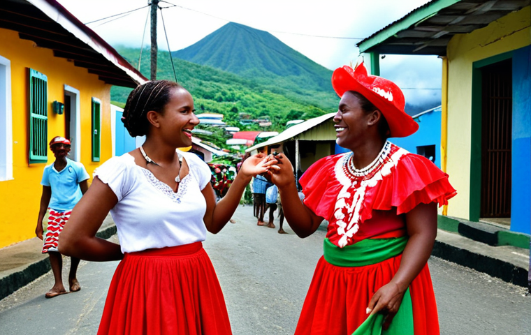 **Image Prompt 1: Cultural Exchange through Language**
- Visualize a vibrant street scene in Dominica where locals are engaging in conversation in both English and Creole. Include elements of traditional clothing and local festivals in the background, showcasing the cultural richness and the joy of communication. The expressions on people's faces should reflect pride in their linguistic heritage.