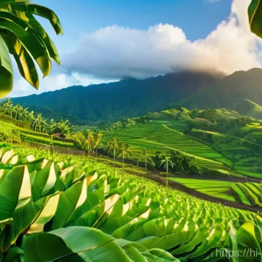 도미니카 연방 농업 및 수출품 - **Prompt:** "A vibrant, panoramic view of Dominica's fertile agricultural landscape. Lush green moun...
