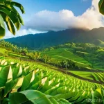 도미니카 연방 농업 및 수출품 - **Prompt:** "A vibrant, panoramic view of Dominica's fertile agricultural landscape. Lush green moun...