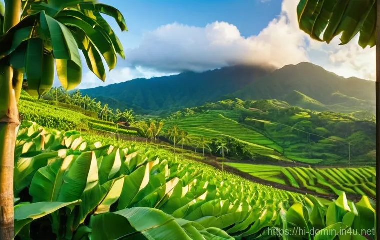 도미니카 연방 농업 및 수출품 - **Prompt:** "A vibrant, panoramic view of Dominica's fertile agricultural landscape. Lush green moun...