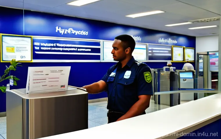 도미니카 연방 환승 시 주의사항 - **Prompt 1: Smooth Immigration Process**
"A well-lit, modern airport immigration hall in Dominic...