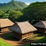 도미니카 연방의 유명 건축물 - **Prompt:** A serene scene depicting a traditional Kalinago village in Dominica, nestled amongst lus...