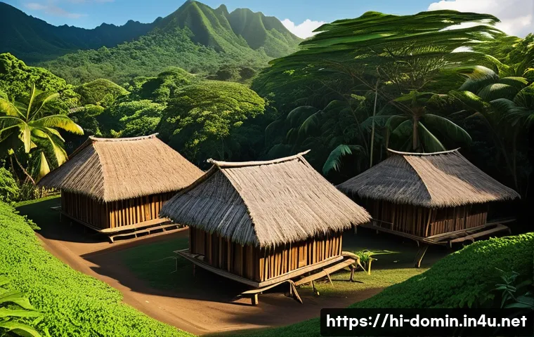 도미니카 연방의 유명 건축물 - **Prompt:** A serene scene depicting a traditional Kalinago village in Dominica, nestled amongst lus...